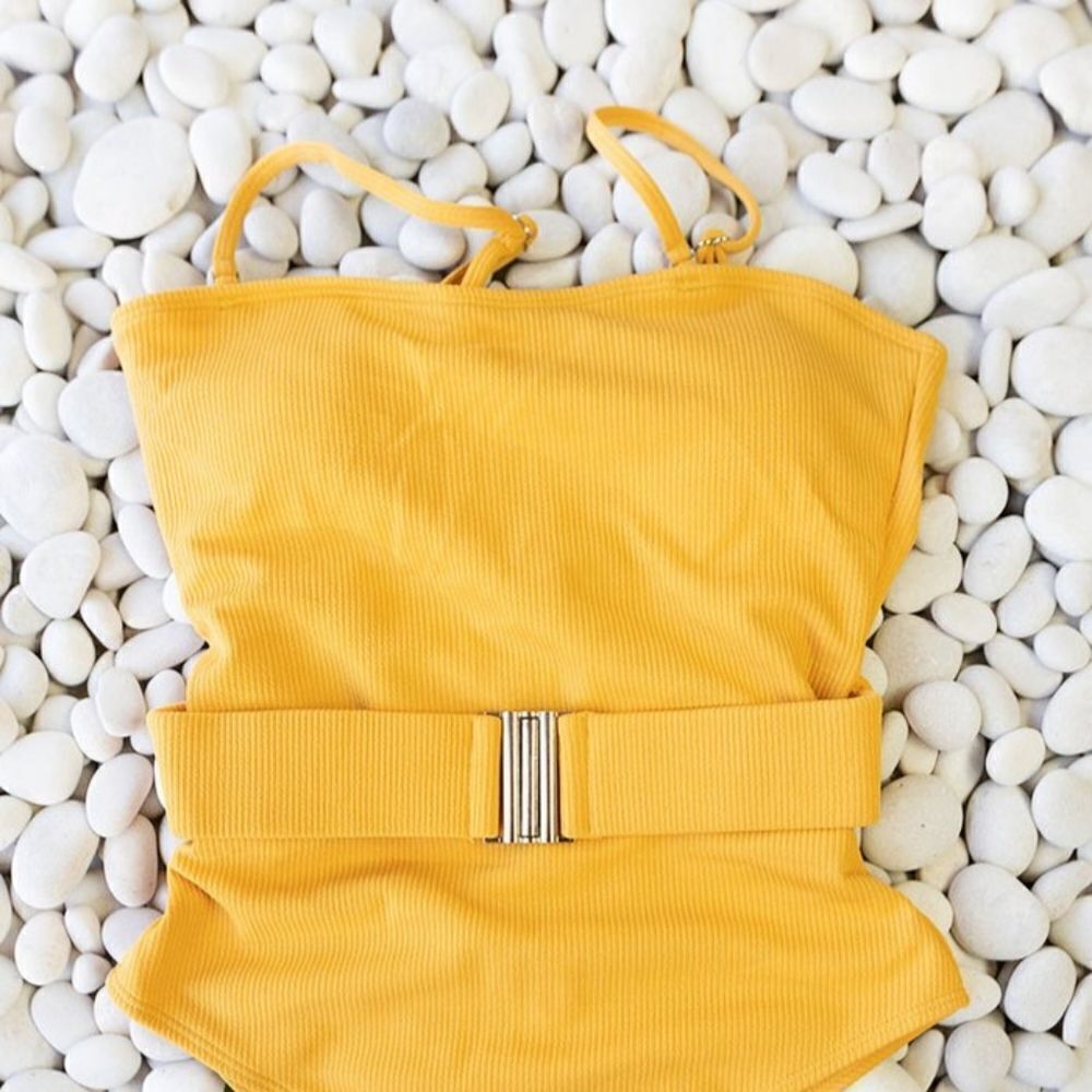 Ribbed Yellow Belted One Piece Swimsuit Bodysuit NWT